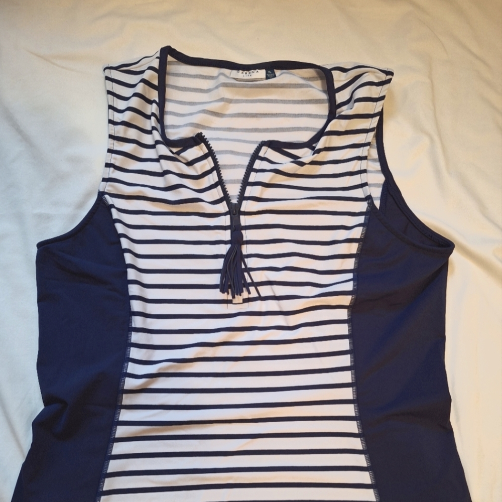 Cabana Life Navy & White Striped Tassel Tank